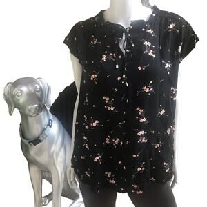 NEW Buffalo David Bitton Flutter Sleeve Floral Jacquard Black Blouse Women's L